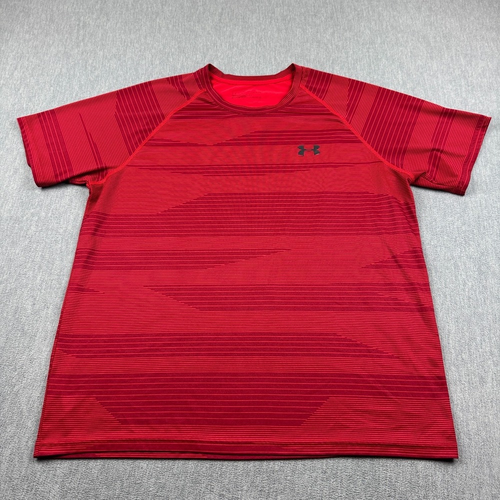 Under Armour T Shirt Mens Large Red‎ Tech Striped Workout Athletic Gym Running